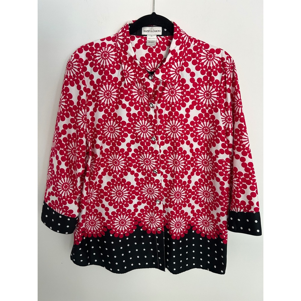Drapers & Damons Red White Floral Polka Dot Cotton Button Down Shirt XL 3/4 Slv